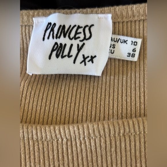 Princess Polly Long Sleeved Ribbed Front Cutout Camel Mini Dress - Picture 6 of 7